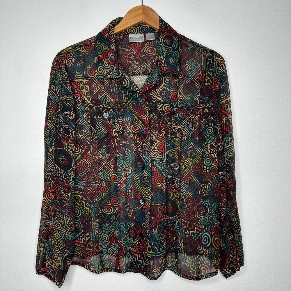 Chicos Silk Blouse Size L Aztec Geometric Button up Long‎ Sleeve Sheer